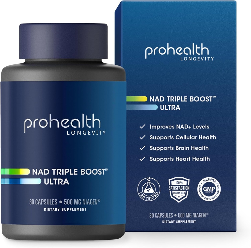ProHealth NAD Triple Boost Ultra + 500mg Ніаген NR. 3X NAD + Optimizer Plus Apigenin, PQQQ, Quercetin. Сприяє довголіття, здоров'я серця і мозку, Активує Сиртуїни для стільникового ремонту (30 сервірування)