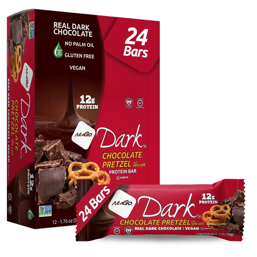 NuGo Dark Chocolate Pretzel with Sea Salt, 12g Protein Bar, Vegan, Gluten Free, Non-GMO, Kosher Pareve, 24 Count