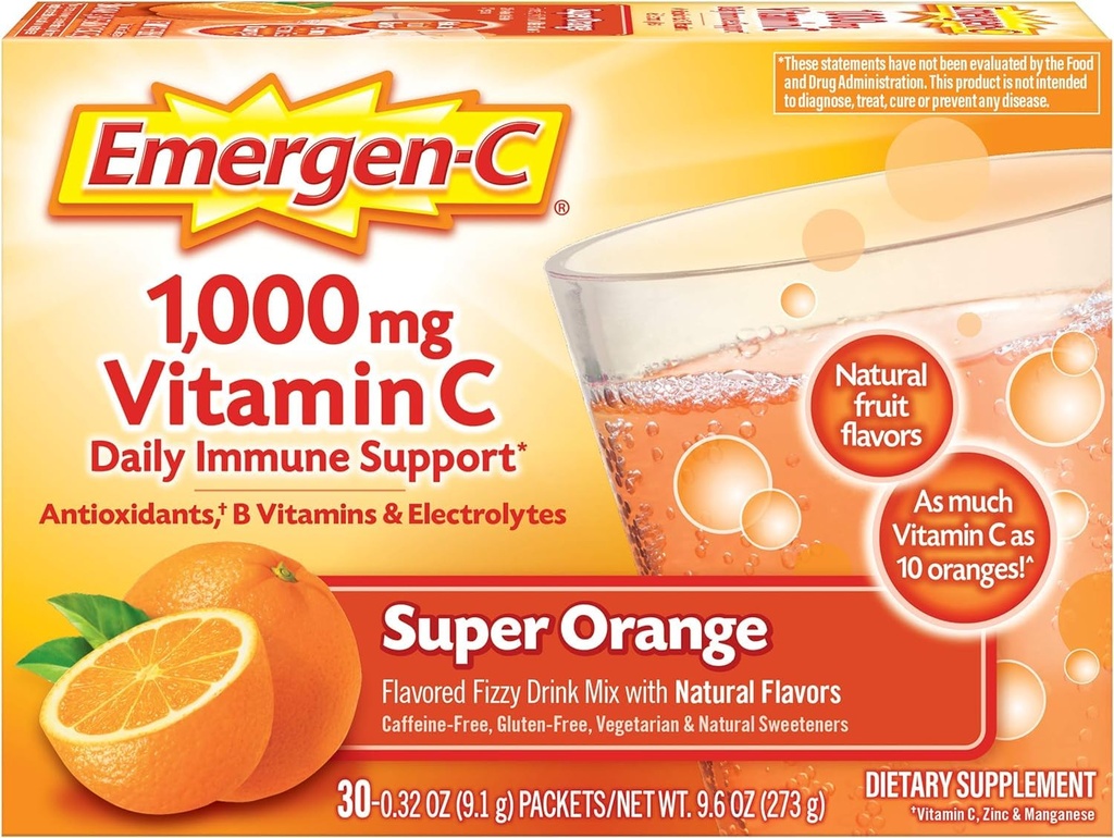Emergen-C 1000mg Vitamin C Powder for Daily Immune Support Caffeine Free Vitamin C Supplements with Zinc and Manganese, Super Orange Flavor - 30 Count