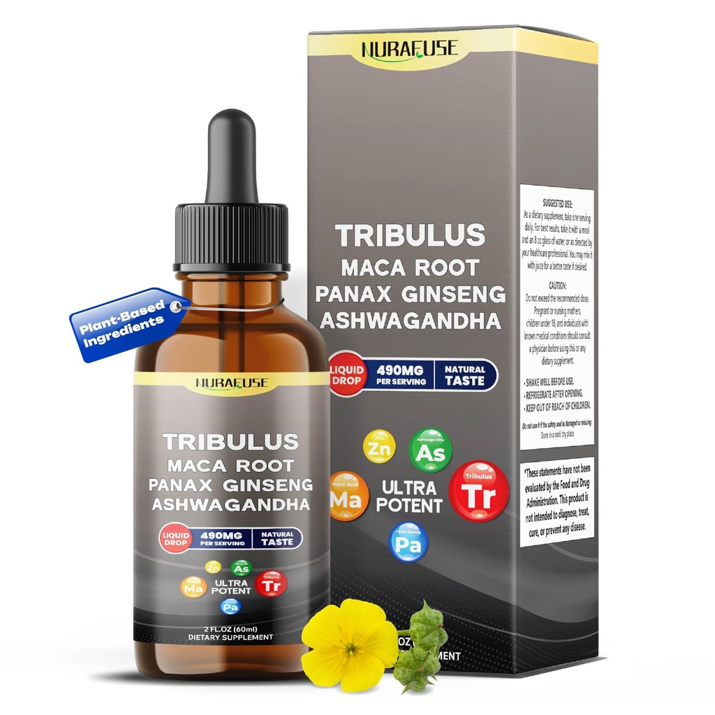 Organic Tribulus, Maca Root, Panax Ginseng, Ashwagandha Liquid Drops – 1670mg per Serving, Ultra Potent, Natural Taste – 2 FL OZ (60ml)