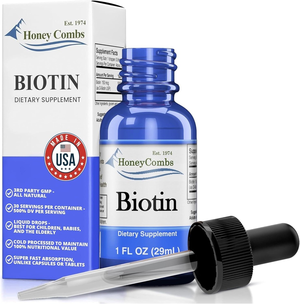 B7 Drops 500% DV Biotin, Hair and Nails Vitamins for Women, Men, and Kids, Sublingual Biotin Liquid for Healthy Skin, 36 Serving Bottle, Made In USA