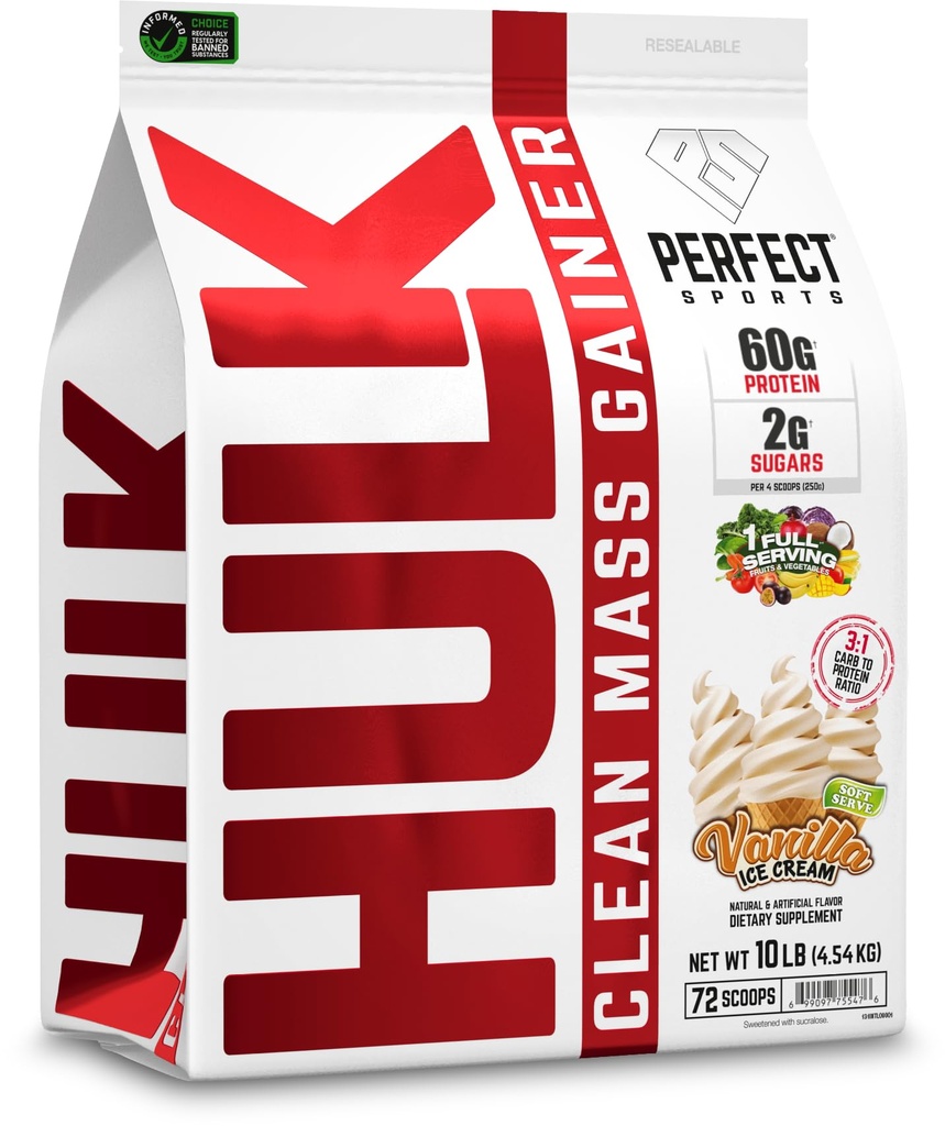 PERFECT SPORTS Hulk Clean Mass Gainer | 50g Whey Protein | Full Serving of Fruits & Veggies | 99% Removed Lactose & Gluten Free | 10 Pounds (Vanilla Ice Cream)