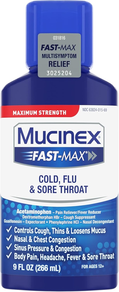 Mucinex Cold, Flu, & Sore Throat Relief Liquid, 9 Fl Oz