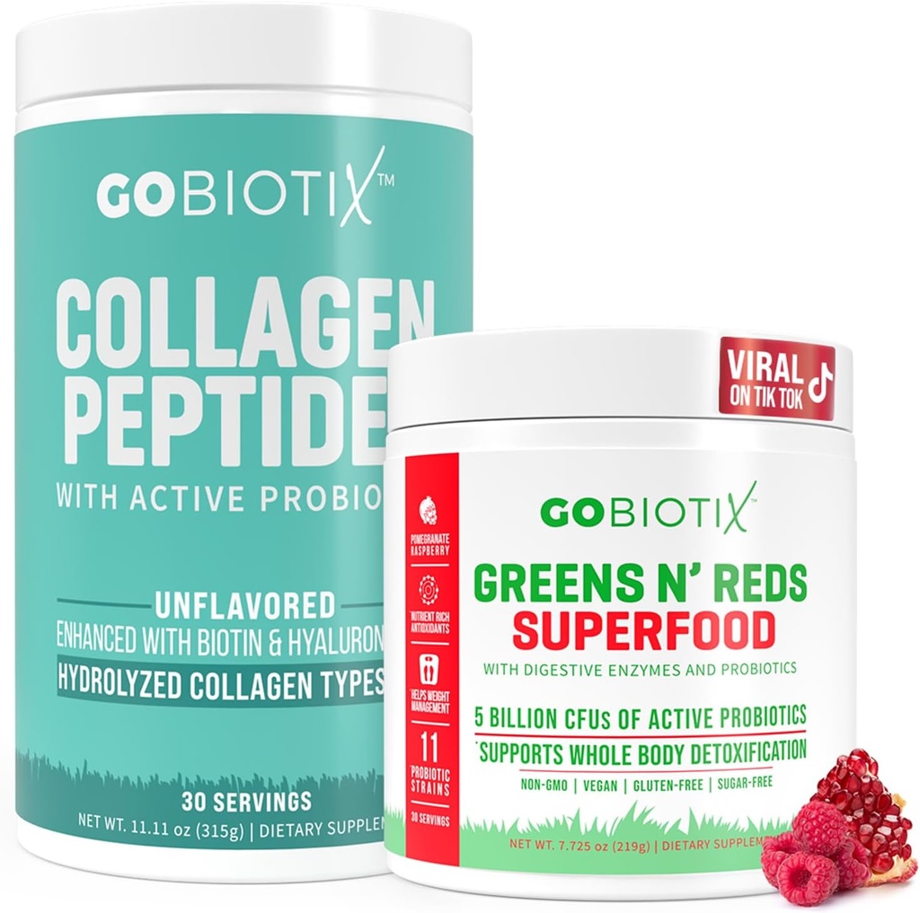 GOBIOTIX Super Greens & Collagen Bundle - Vitality Boost з органічною спіруліною та волосся-Skin-Nails Support - 30 Сервінги Кожен
