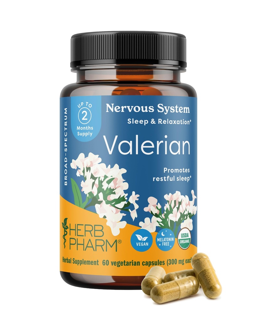 Herb Pharm Valerian Root Sleep Support Capsules: Certified Organic Sleep Aid for Adults Valeriana Extract for Relaxation, Non-Bitter, Melatonin Free, Vegan, ~30-60 Day Supply, 60 Capsules*