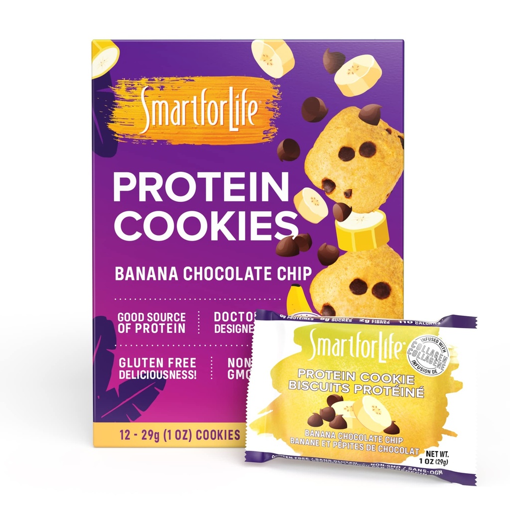 Smart for Life Banana Chocolate Chip Protein Cookies - High Protein Cookie Diet - 12 Count - Meal Replacement - On-the-Go Vegan Snacks - Low Calorie Super High Fiber Cookies