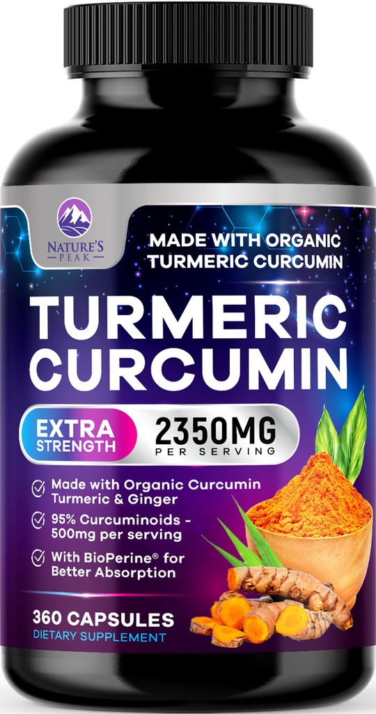 Turmeric Curcumin Supplement - 1750mg Organic Turmeric Per Serving - 95% Curcuminoids, Ginger & BioPerine Black Pepper for Best Absorption - Natural Vegan Joint Support, Bottled in USA - 360 Capsules