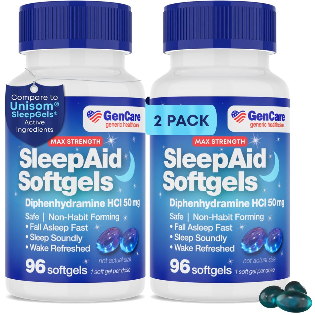 GenCare Maximum Strength Nighttime Sleep Aid Supplement for Adults Deep Sleep Pills with Diphenhydramine HCl 50mg to Fall Asleep Faster- Strong Non-Habit Forming PM Sleeping [96 Softgels] (Pack of 2)