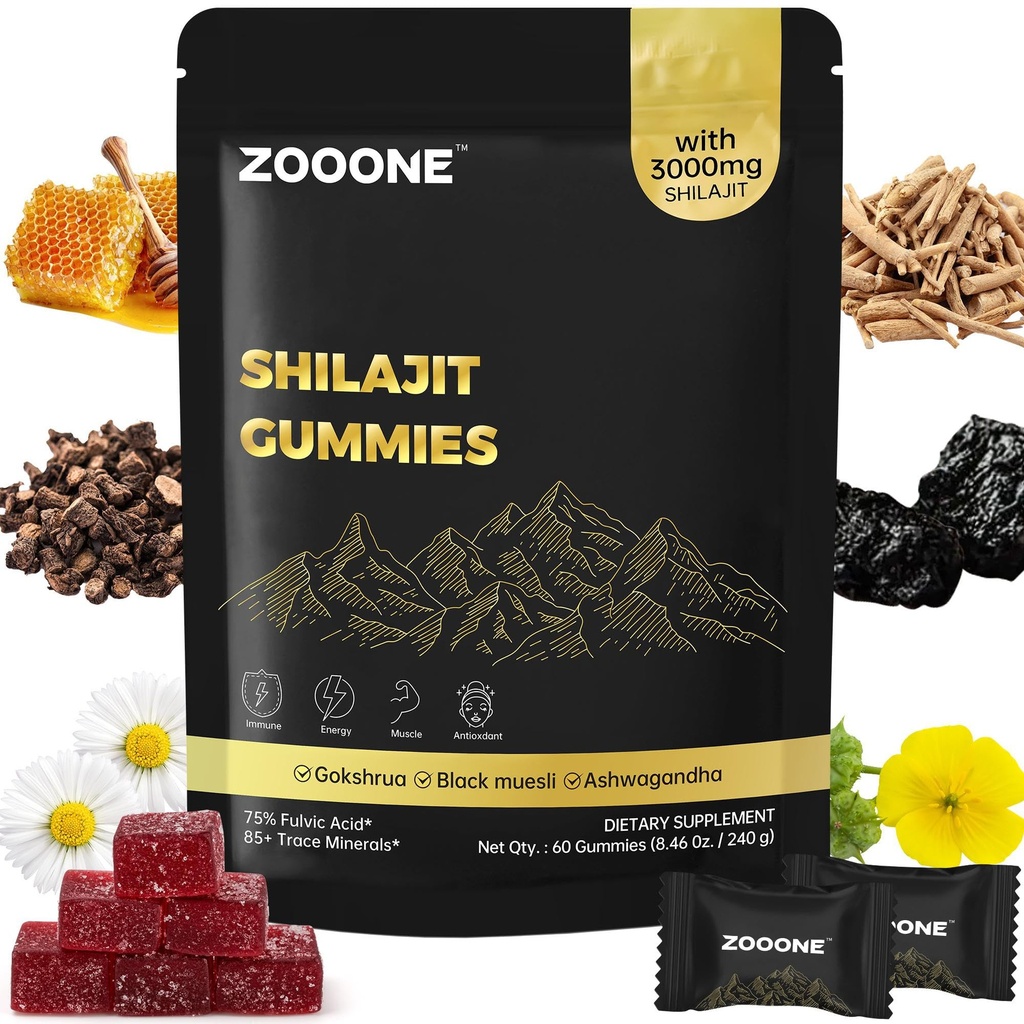 zooone Shilajit Himalayan Gummies with Ashwagandha & Black Musli Gokshura - Natural Energy No Artificial Fillers, Individual Packaging for Men Women