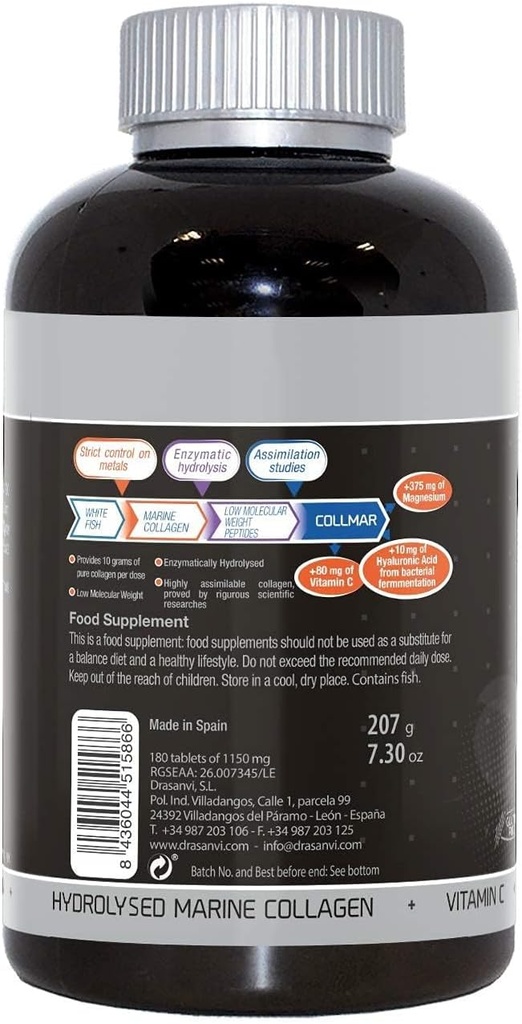 Drasanvi (2 paketea) COLLMAR Hydrolyzed Marine Collagen Magnesium 180 Tablet-ekin - Skin Cartilage, Hezur eta Muscles osasuntsurako