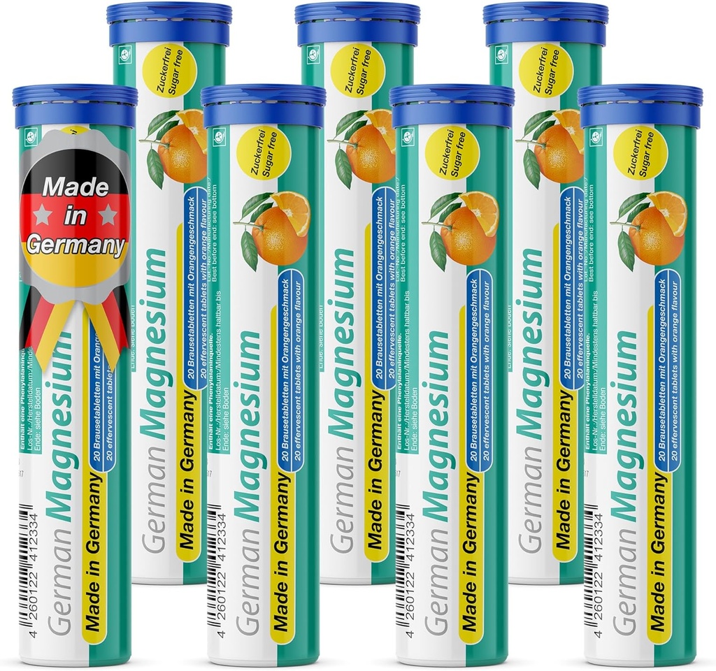 Suplemento de óxido de magnesio alemán | Tablets efervescentes | Orange Flavor - 200 mg de magnesio por servizo | Sugar Free, Vegan - T & D Pharma - Made en Alemaña