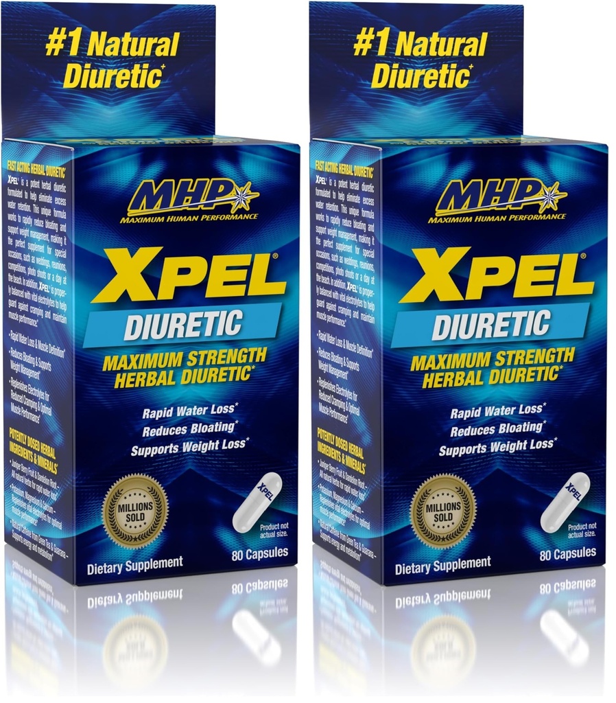 Maximum Human Performance Xpel Maximum Strength Diuretic Water Pills, for Water Retention Relief, Weight Loss Support, with Vitamin B-6 Potassium Dandelion Root, 80 Capsules, (Pack of 2)