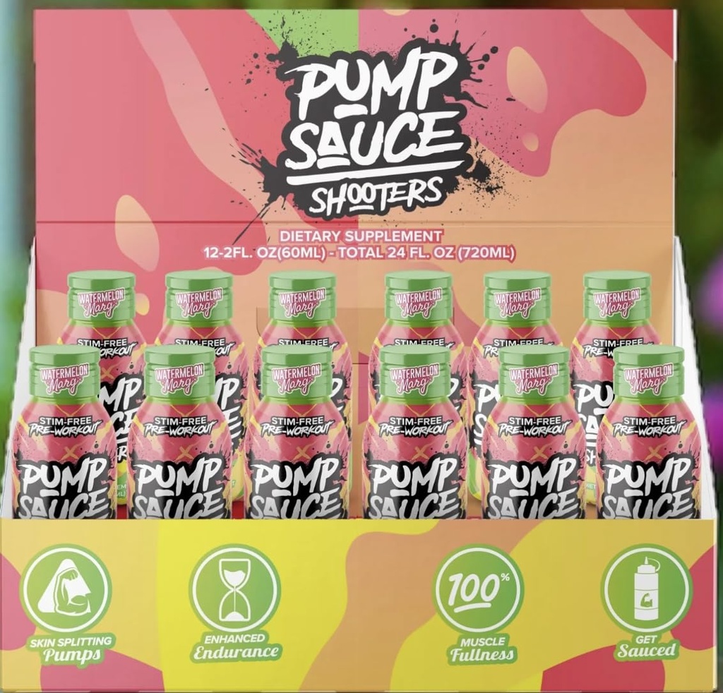 Pump Sauce Shooters Watermelon Margarita 2 oz Bottles (Pack of 12) - Pre Workout, No Caffeine, Full Spectrum Liquid, Gluten Free, Vegan, Zero Sugar