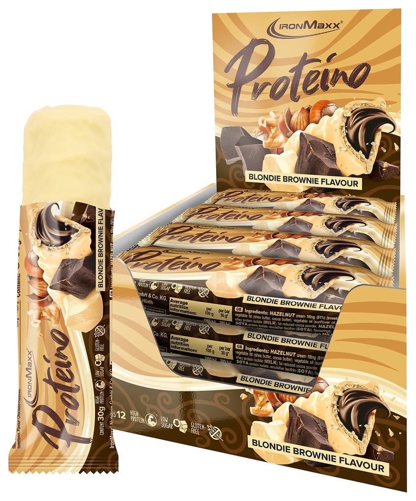 IronMaxx Proteino Protein Bar 12 x 30 g - Blondie Brownie | High Protein Bar with Creamy Waffle Based Filling | Sugar Reduced Gluten-Free Palm Oil Free Fitness Snack