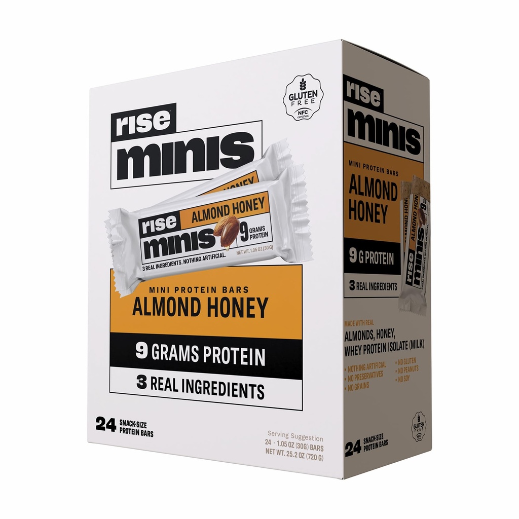 Rise Whey Protein Mini Bars - Almond Honey | Breakfast Bar & Protein Snack - 9g Protein 4g Fiber Just 3 Whole Food Ingredients Gluten-Free Soy Free