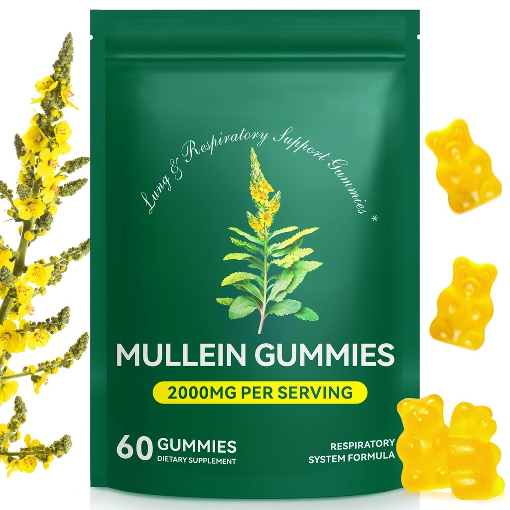 flasture Mullein Gummies for Lungs & Sinus Relief, 2000mg Mullein Leaf Extract, Natural Lung Cleanse Supplement for Smokers, Supports Respiratory, Immune & Mucus Relief – 60 Chewable Gummies