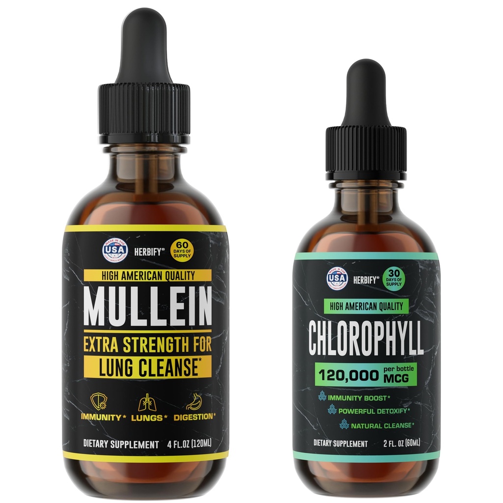 HERBIFY Bundle - Mullein Leaf Extract & Chlorophyll Drops - Lung Cleanse and Respiratory Support & Energy Boost and Immune System Support