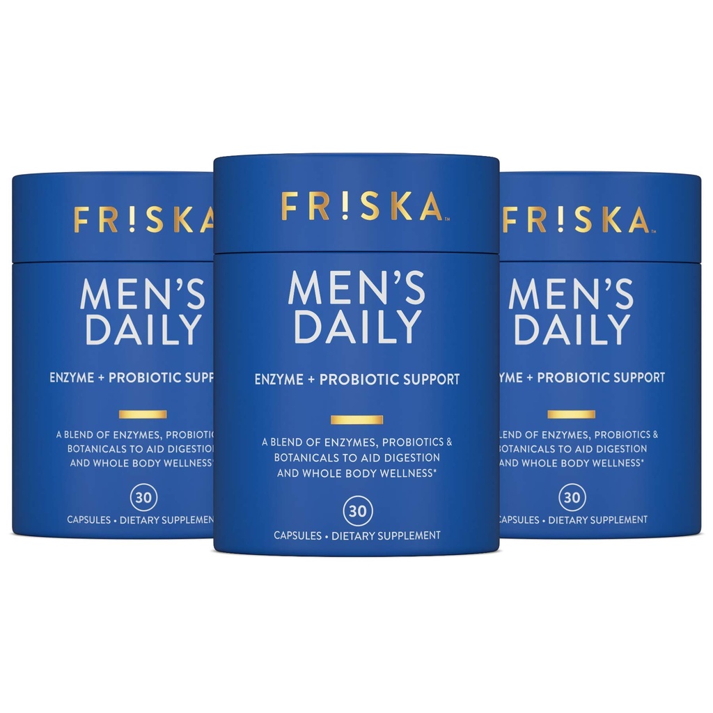 Friska Men’s Daily Digestive Enzymes for Men - Bloating & Gas Support with Probiotics, Helps Digest Heavy Meals, Dairy & Protein, Gut Health Support, 90 Capsules, Packaging May Vary