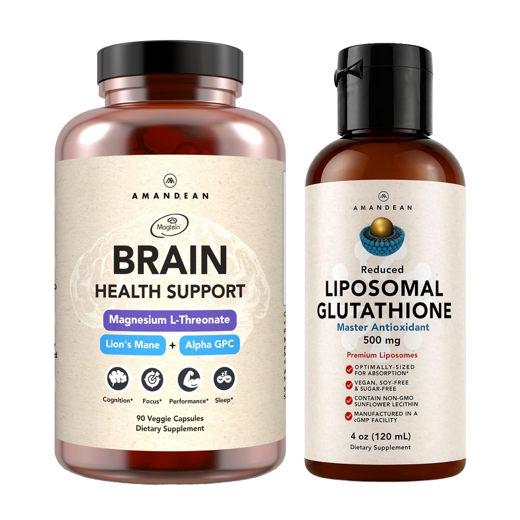 AMANDEAN Premium Brain Health Supplement & Liposomal Glutathione Bundle. Triple Formula with Magnesium L-Threonate, USA-Grown Organic Lion’s Mane 6:1 Extract, and Alpha-GPC. Support Cognition, Focus &