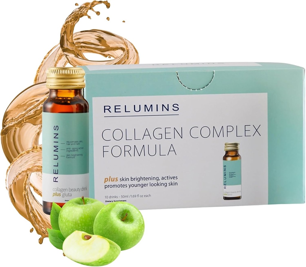 Relumins Advanced Collagen Beautiful drink with glutathione, Hyaluronic Acid & Antioxidants - 美国夏季后皮肤恢复与制造 - Apple Flavor - 10瓶 x 50mL