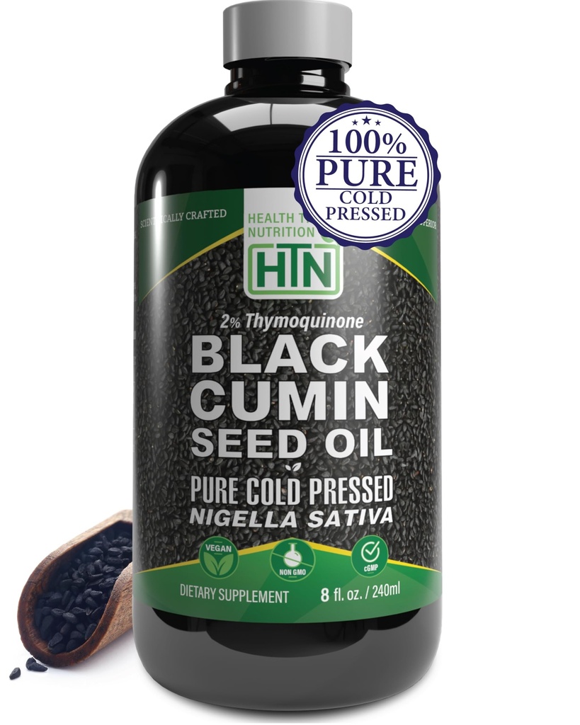 Health Thru Nutrition Black Cumin Seed Oil 8oz 240ml | High Potency 2% Thymoquinone | 3rd Party Tested | Pure Cold Pressed Nigella Sativa - Sunnah | Non-GMO | Healthy Immune Support