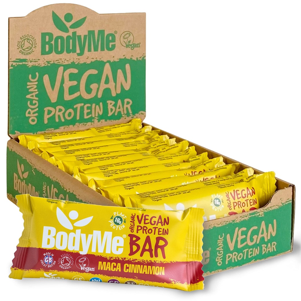 BodyMe Organic Vegan Protein Bar | Raw Maca Cinnamon | Box of 12 x 2.12oz (60g) | with 3 Plant Proteins