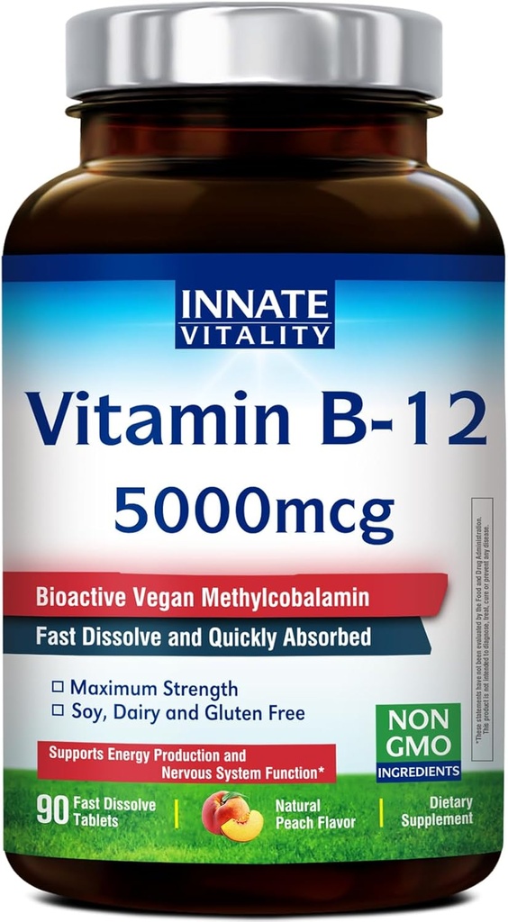 Aangeboren vitaliteit Vitamine B12 5000mcg, Sublingual, Vegan Methylcobalamine, Fast Solution Tablets, Natuurlijke Perzik smaak, Ondersteunt Energieproductie & gezond zenuwstelsel, 90 tabletten