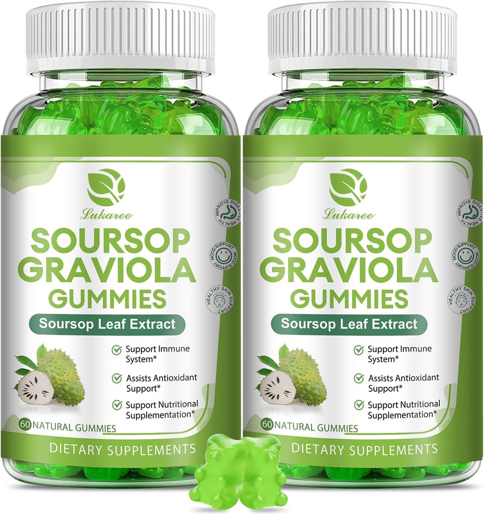 (2개의 팩) Soursop Graviola Gummies - Soursop는 면역성, 간결, Zzz & 항 산화제, 글루텐 자유로운, Vegan, 120 Gummies를 위한 W/Vitamin C, 아연 & 전체적인 자연적인 음식을 남겨둡니다