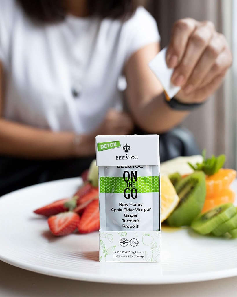 Bee eta You On The Go, Immune Support Supplement, Raw Honey, Propolis Extract, Apple Cider Vinegar, Ginger, Turmeric, Cinnamon, Superfood, Great Tasting, Haurrentzako eta Helduentzako 7 Pack