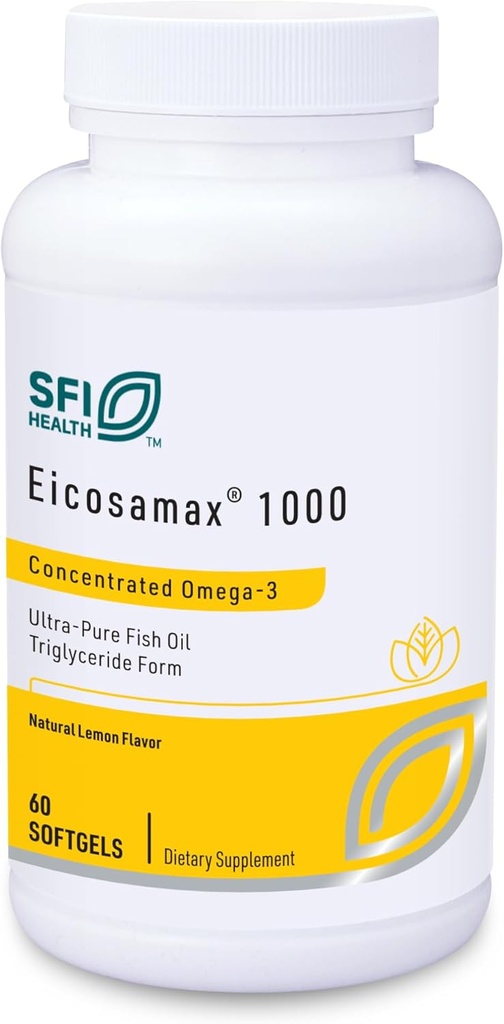 Klaire Labs SFI Health Eicosamax 1000 TG Fish Oil - 1000 mg EPA / DHA per Soft Gel, Ultra Pure Omega3 Fish Oil Pills - Sustainable Sourced - Natural Lemon Flavor for No Fishy Burps (60 Softgels)