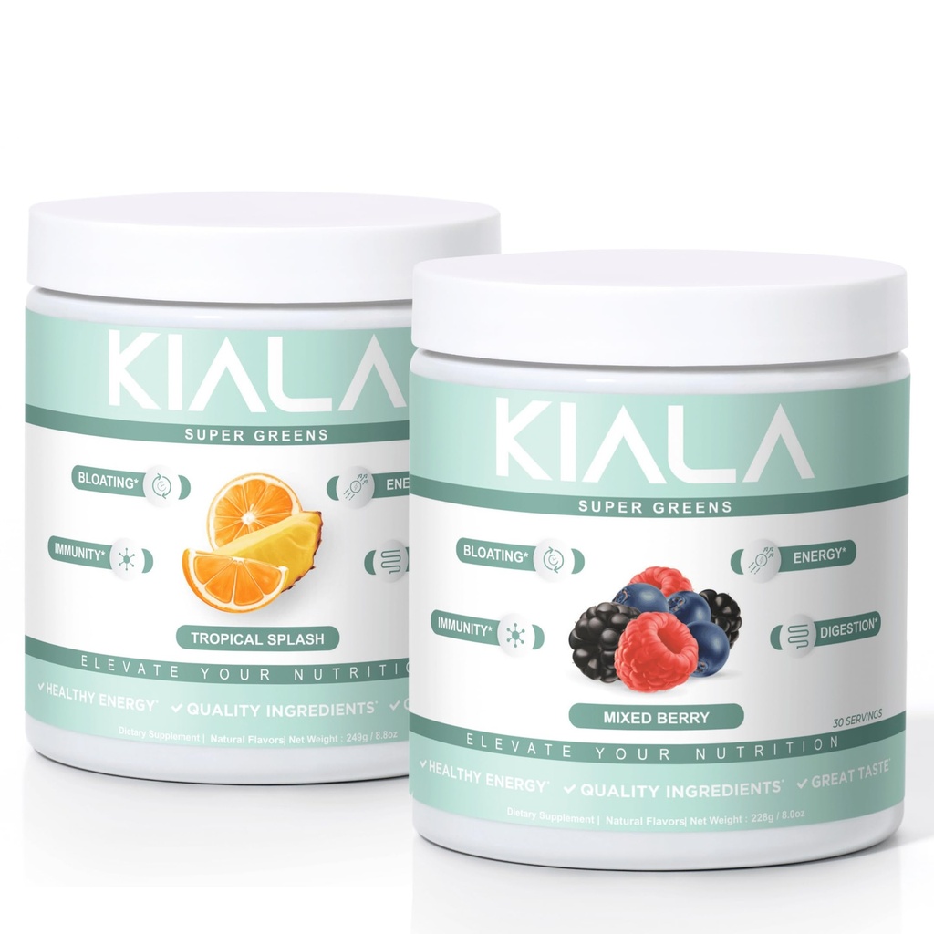 Kiala Nutrition Super Greens, Organic Greens Powder, Spirulina & Chlorella Superfood Powder, Sugar & Gluten Free Vegan, Spectra Blend, Tropical Slush, Mixed Berry 2 Pack