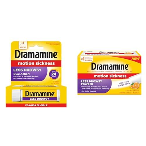 Bundle of Dramamine Motion Sickness Less Drowsy, Travel Vial, 8 Count + Less Drowsy Powder, Max Strength Motion Sickness Relief with Meclizine, Orange Flavor, 4 Count Stick Packs, No Water Needed