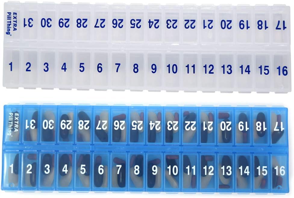 AM PM 31 Ngày một tháng một lần trong ngày kế hoạch hoá học thất bại - Hộp đựng thuốc so sánh lớn lưu trữ y tế cho toàn bộ tháng cộng với so sánh thuốc thêm (AM/PM Clear & Blue) BPA free