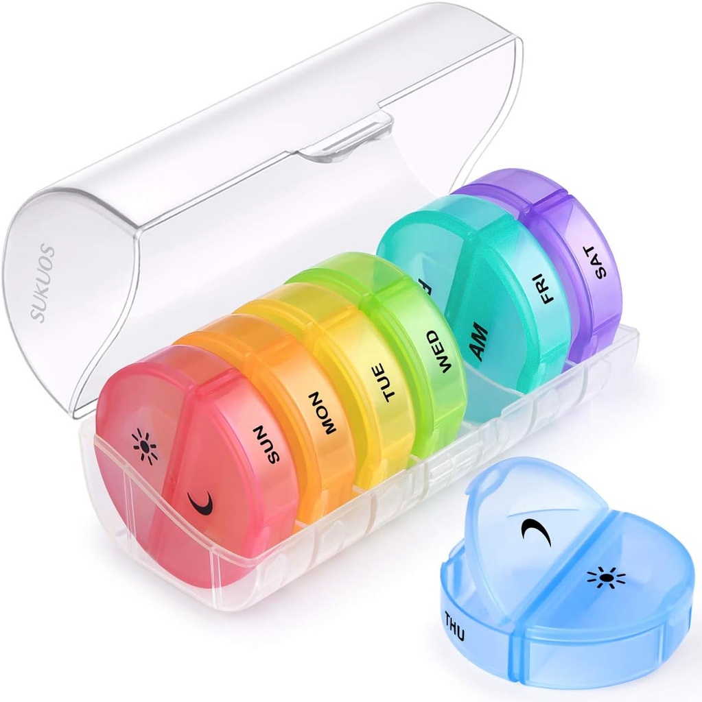 Sukuos Large Weekly Pill Organizer 2 Times a Day, Daily Pill Box 7 Day easy to Open with Double Protection, AM PM Pill Case for Medicine/Vitamin/Fish Oil/Supplements (Clear)