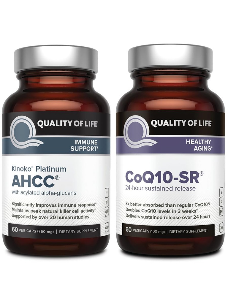 Quality of Life AHCC Kinoko Platinum Mushroom Extract, CoQ-10 SR Sustained Release Formula - Immune Support Healthy Aging Bundle