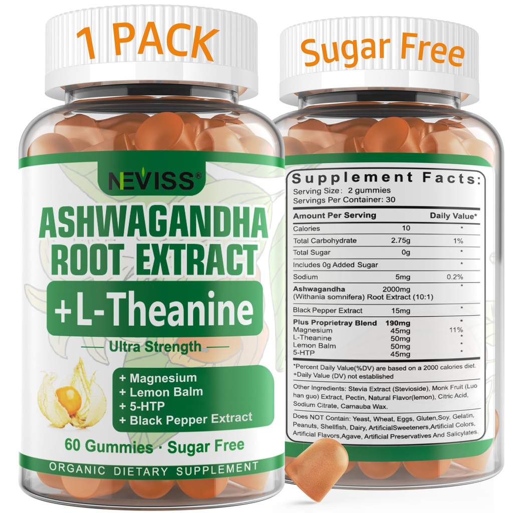 NEVISS Ashwagandha Gummies 2000mg, Feel Refreshed, Plus Proprietary Blend with 5-HTP, L-Theanine, Lemon Balm, Magnesium for Calm, Zzzs, Mood, Energy & Relaxation Support (1 Pack (60 Countss))