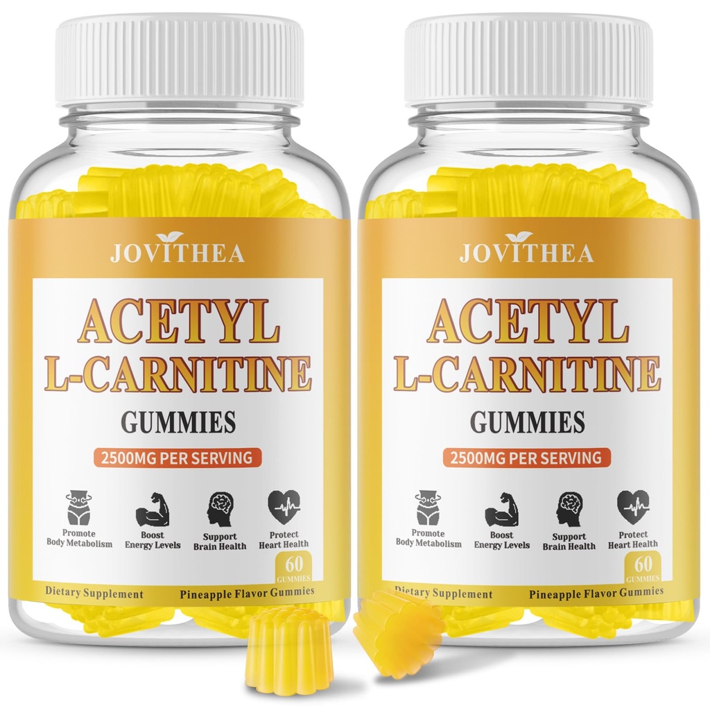 2 Pack Acetyl L-Carnitine Gummies Sugar Free, Premium L-Carnitine Supplement for Women & Men, ALCAR Supplement for Energy, Muscle, Focus & Brain Support, Gluten-Free, Non-GMO, Vegan, 120 Count