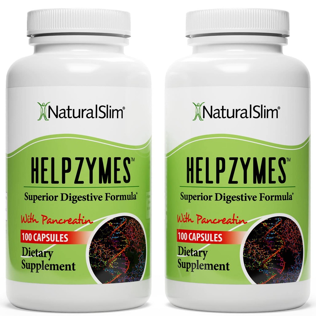 NaturalSlim Digestive Enzymes for Women & Men - Helpzymes Essential Enzymes for Digestion, Gut Health, Gas Bloating with Bromelain, Ox Bile, Pancreatin. & Betaine HCL - 100 Capsules 2pk