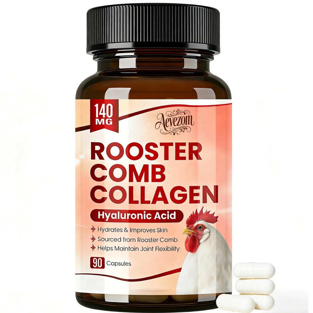 Rooster Comb Collagen, Natural Hyaluronic Acid & Collagen Supple𝐦ent, Hyaluronic Acid | Rooster Comb Extract - 140mg, 90 Capsule (1pcs)