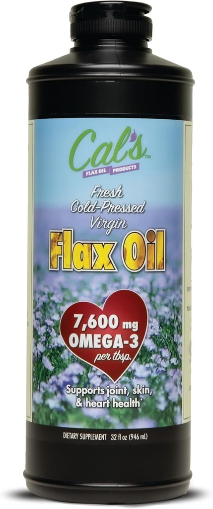 Cal's Flax Oil, Cold pressed Flax 种子,Omega 3 Fatty Acid 高,未精炼的Flax种子 Oil,纯Flax种子 Oil Supplement for Joint, Skin, and Heart Health Support - 32 oz (英语).