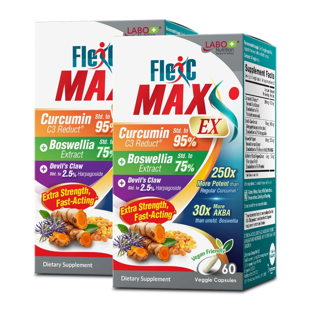 LABO Nutrition FlexC MAX EX with Turmeric Curcumin C3 Reduct 95% Tetrahydrocurcuminoids, Bioperine, Boswellia Extract & Devil’s Claw, Effective Antioxidation, Joint & Body Discomfort Relief x2