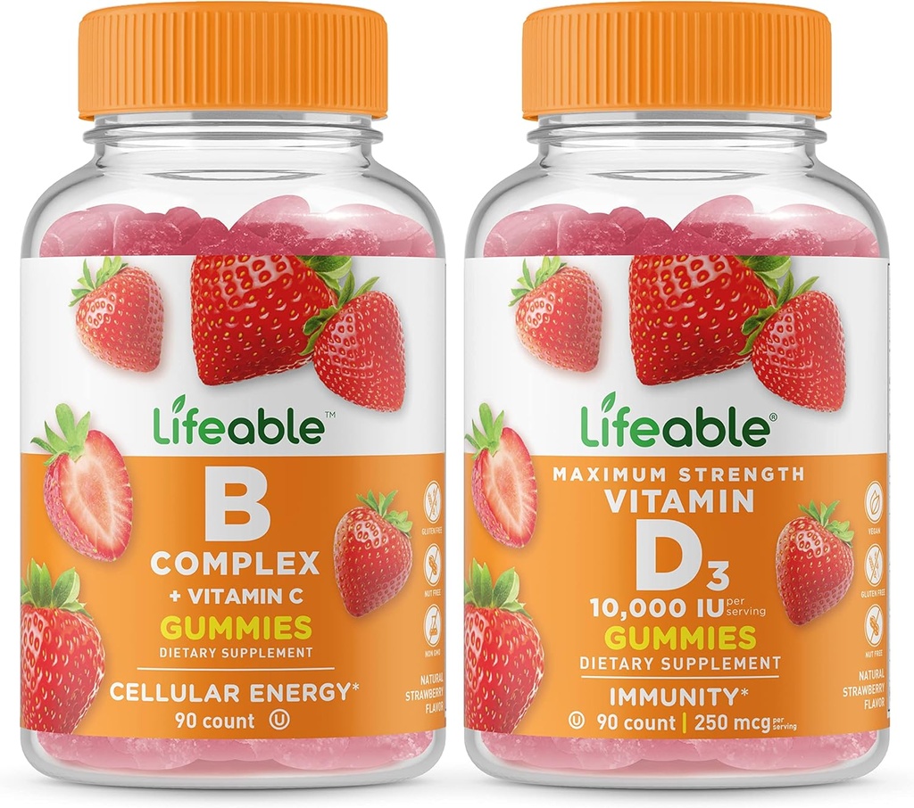 Lifeable B Complex + 비타민 D 10000 IU, Gummies 번들 - 훌륭한 타스팅, 비타민 보충, 글루텐 무료, GMO 무료, Chewable