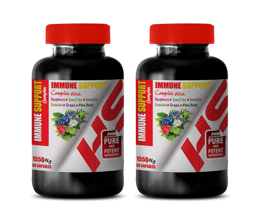 Immune System Vitamins - Immune Support Complex 1550 Mg with Raspberry Green Tea Turmeric GRAVIOLA Grape Pine BARK - Turmeric Pills - 2 Bottles 120 Capsules