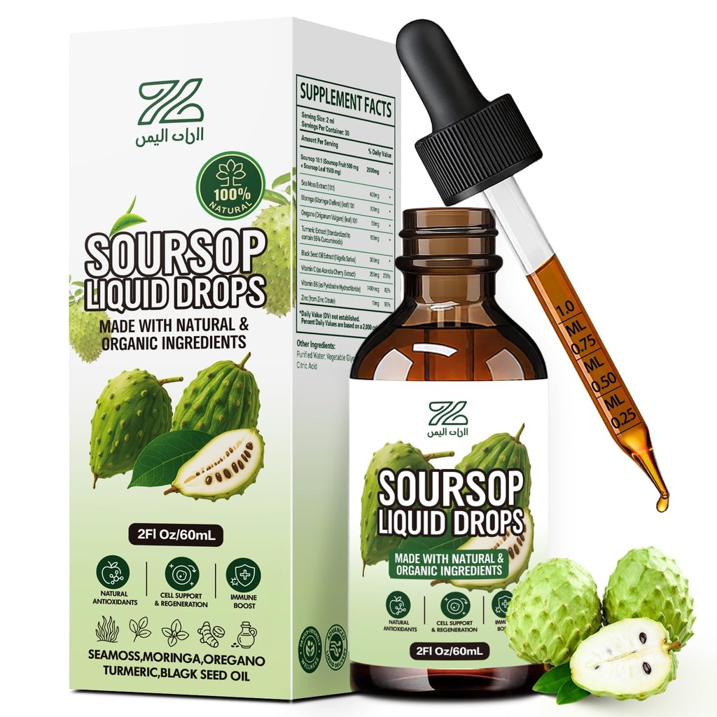 Soursop Bitters Liquid Drops 10-in-1 – Herbal Graviola Extract with Sea Moss, Moringa, Turmeric, Black Seed Oil – Vegan Daily Immune & Antioxidant Support – Non-GMO, Alcohol-Free, 2oz
