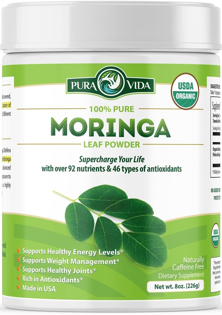 PURA VIDA VIDA MORINGA Powder Powder Powder Prowder 100% Left Powder, USDA Maringa Oleifera, Moringa Leaf - hoàn hảo cho các chất làm mịn và tái tạo. 8z.