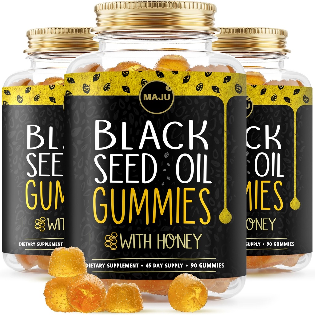 MAJU's Black Seed Oil Gummies with Honey 90ct, 500mg BSO Gummy, Black Cumin Seed Nigella Sativa Oil, Cold-Pressed, Potent Formula, 90ct (3-Pack)