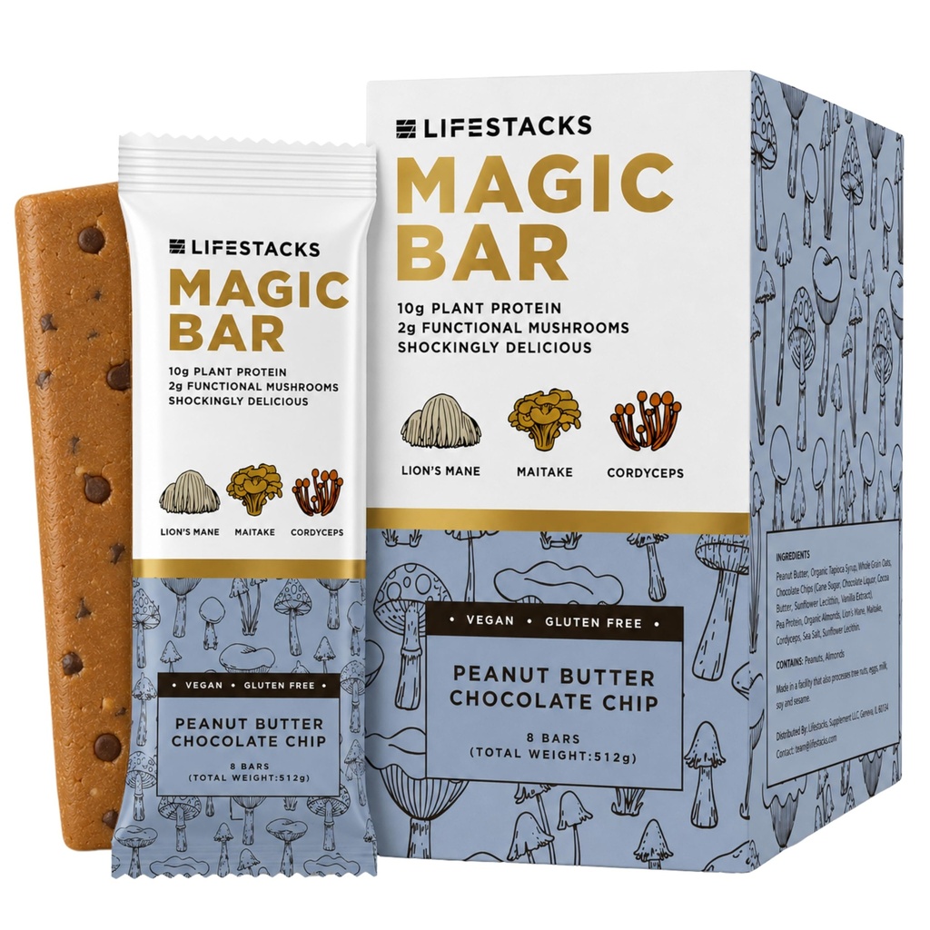 Magic Bar Functional Mushroom Energy Bars – 10g Plant-Based Protein with Lion’s Mane, Cordyceps & Maitake | Adaptogen Superfood Blend | Made in USA | 8-Pack Peanut Butter Chocolate Chip Box