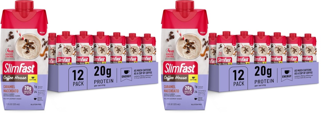 SlimFast Protein Shake with Caffeine,Caramel Macchiato- 20g Protein,Meal Replacement Shakes,High-Protein with Low Carb and Low Sugar,24 Vitamins and Minerals,(Pack of 24)