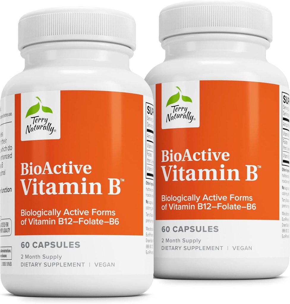 Terry BioActive Vitamina B - Ajutor pentru inima cu vitamine B bioactive - Supliment cu Folate & Calciu - B Complex Vitamina pentru a ajuta funcția sistemului nervos - 60 capsule (Pachet de 2)