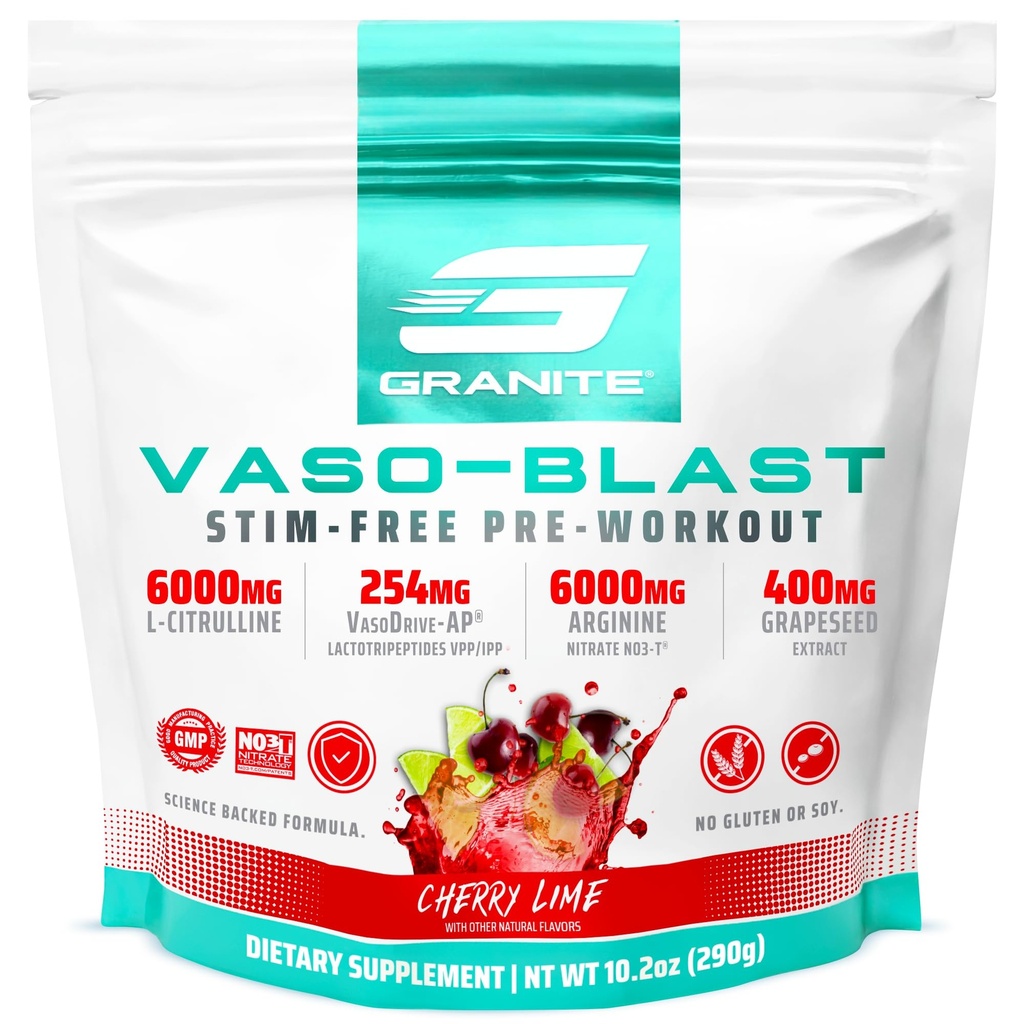 Granite Supplements Vaso Blast, Cherry Lime Flavor, Stimulant-Free Pre Workout for Men & Women with Grapeseed Extract, Arginine Nitrite, & VasoDrive-AP for Max Pump (20 Servings)
